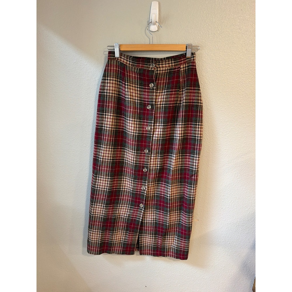Steps New York Plaid Midi Skirt Women Red Green Wool Blend Button Front Academia
